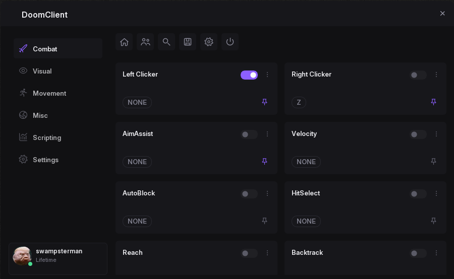 DoomClient menu showing Combat module cards, pinned controls, and the player profile